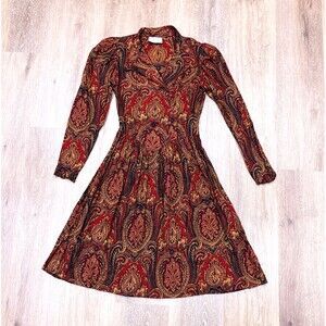 Vintage 70s 80s Bonwit Teller Dress Womens XS Paisley Academia Poet (Tag Size 4)
